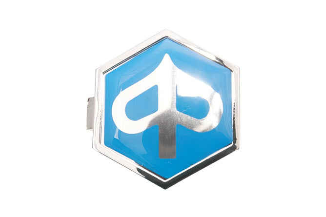 Badge horn cover (clip) Piaggio 32x37mm blue / chrome